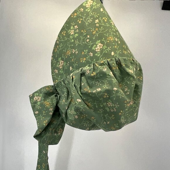 Green Floral Prairie Bonnet With Ties Womens Handmade Cotton Vintage Style - Picture 5 of 5